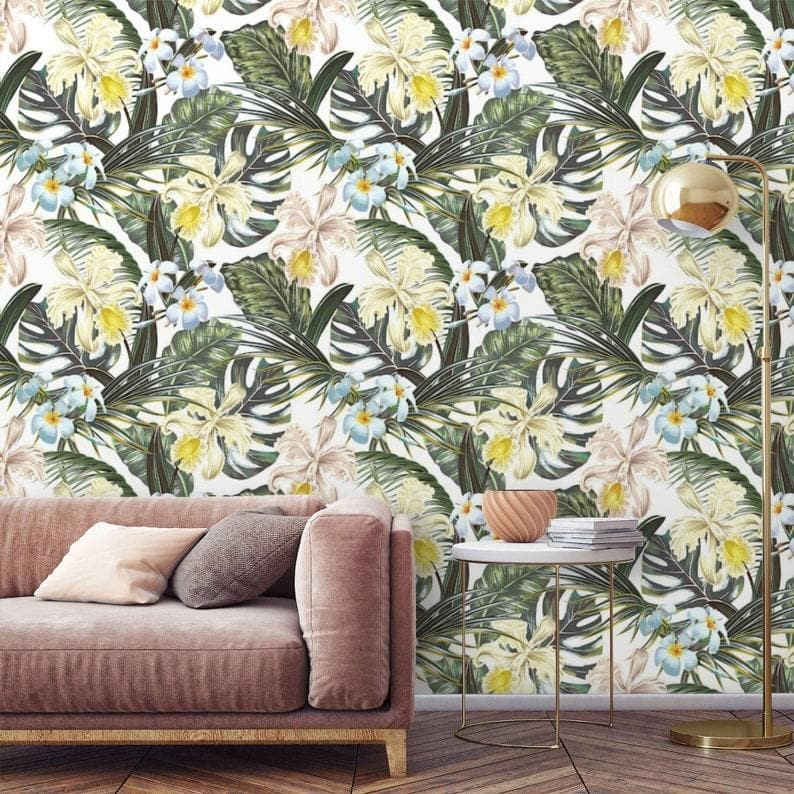 Hawaiian Tropical Floral and Monstera Wallpaper