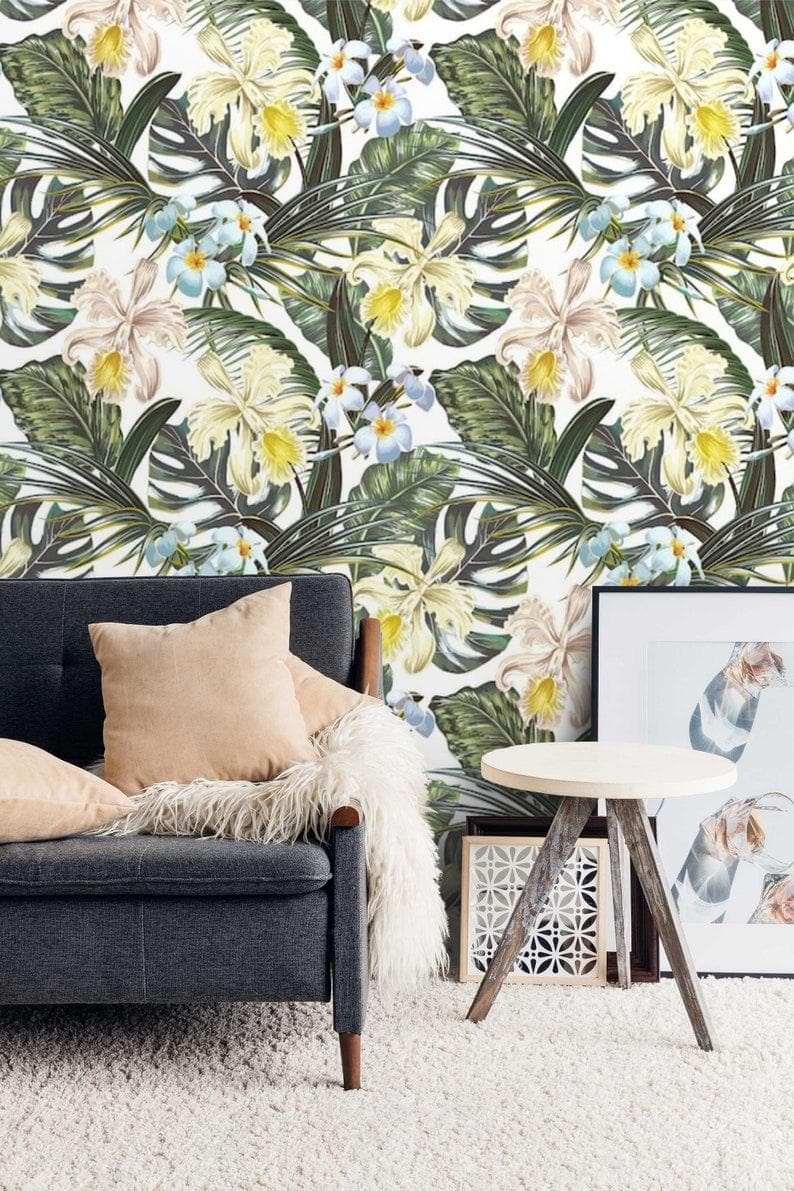 Hawaiian Tropical Floral and Monstera Wallpaper