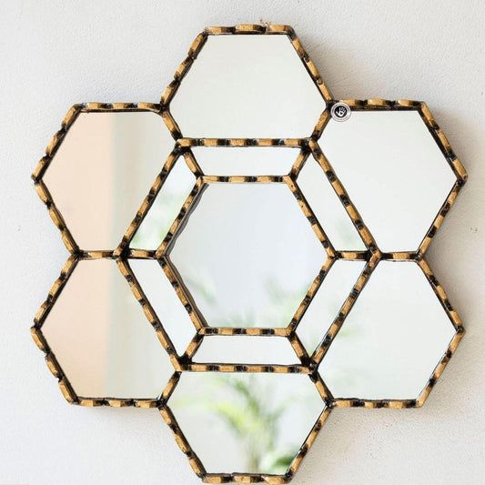 Hexagonal Gold Wood Wall Mirror - MAIA HOMES