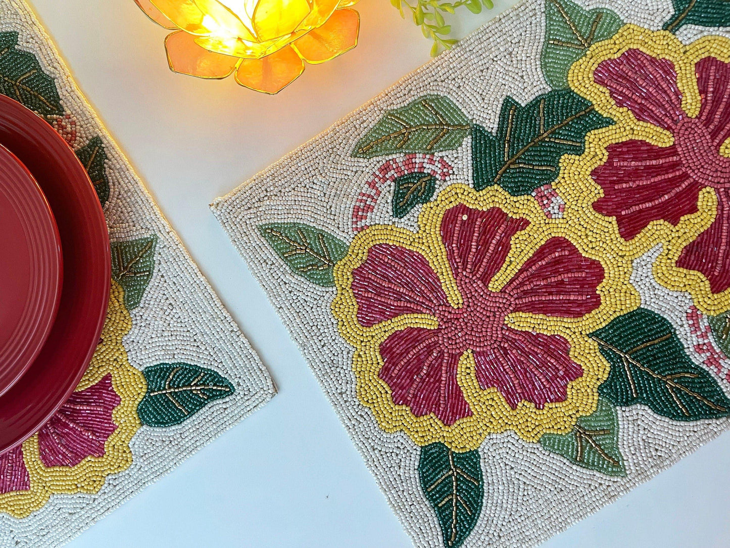 Hibiscus Flower Rectangular Beaded Placemat - MAIA HOMES