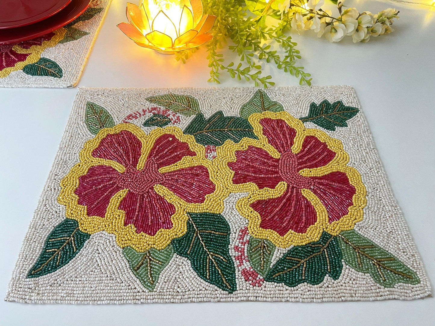 Hibiscus Flower Rectangular Beaded Placemat