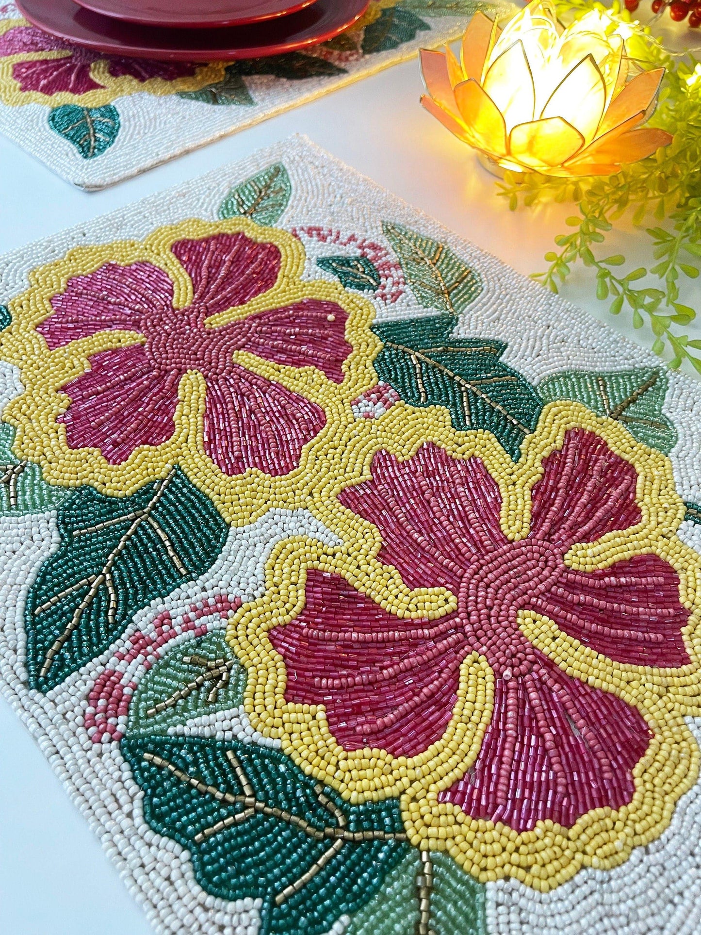 Hibiscus Flower Rectangular Beaded Placemat - MAIA HOMES