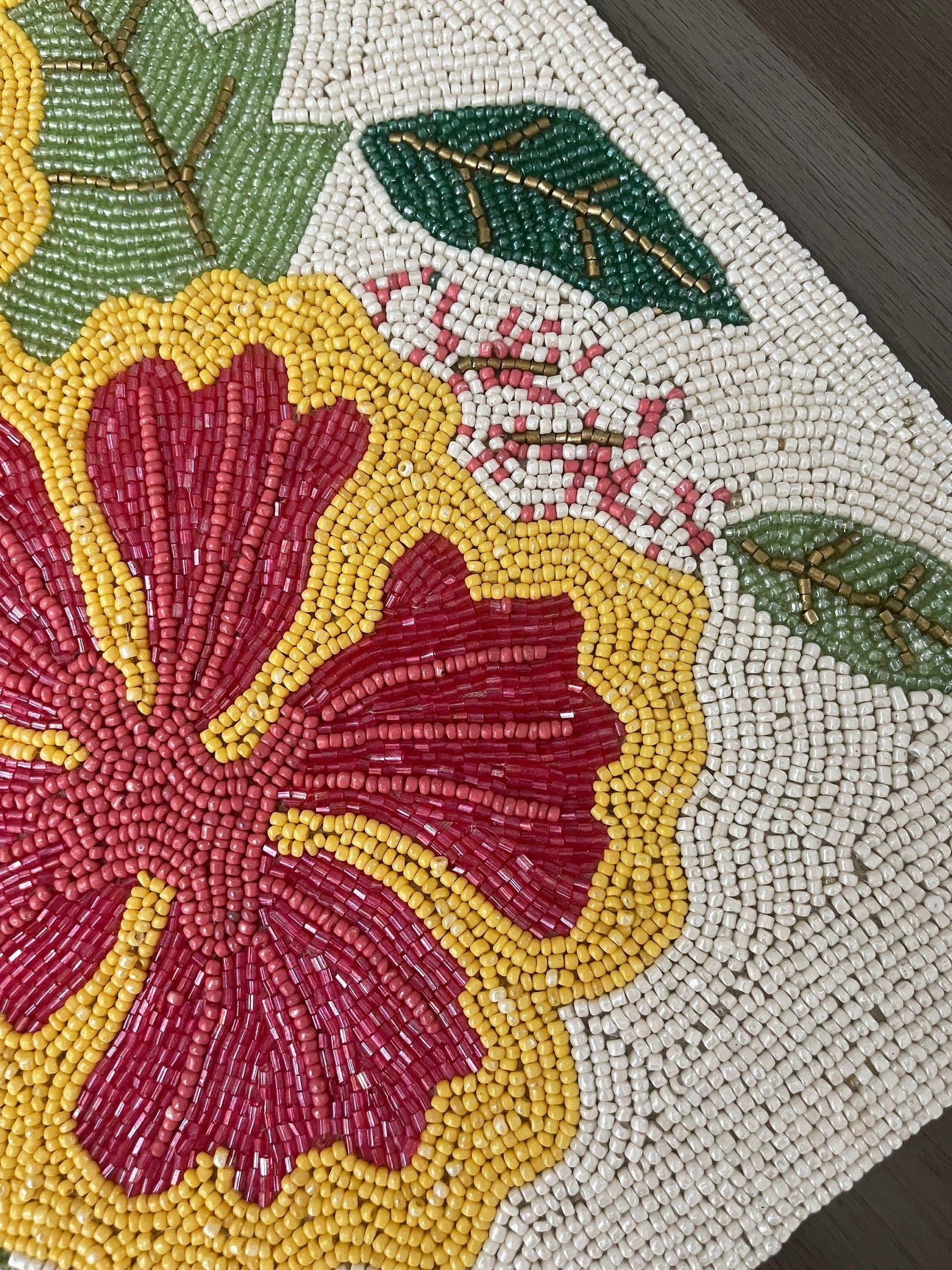 Hibiscus Flower Rectangular Beaded Table Runner