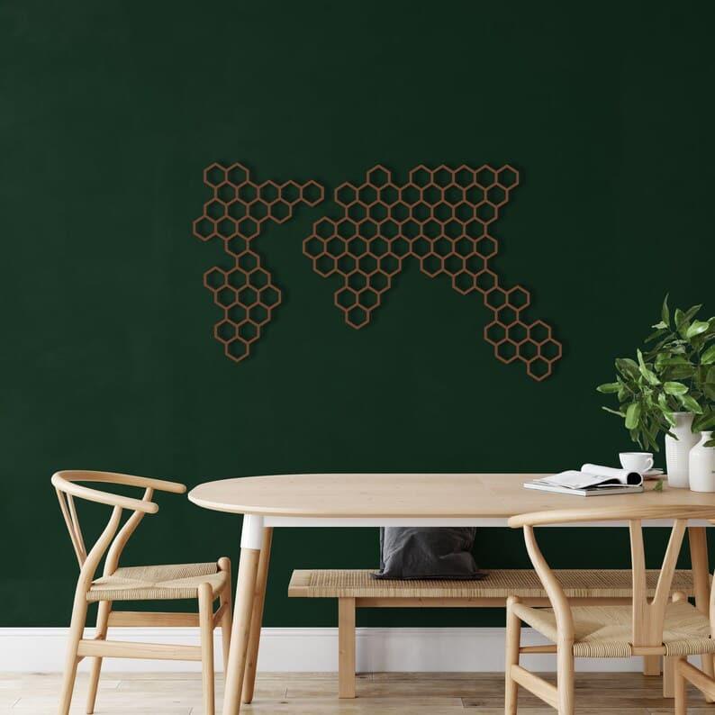 Honeycombs Geometric World Map Decor - MAIA HOMES