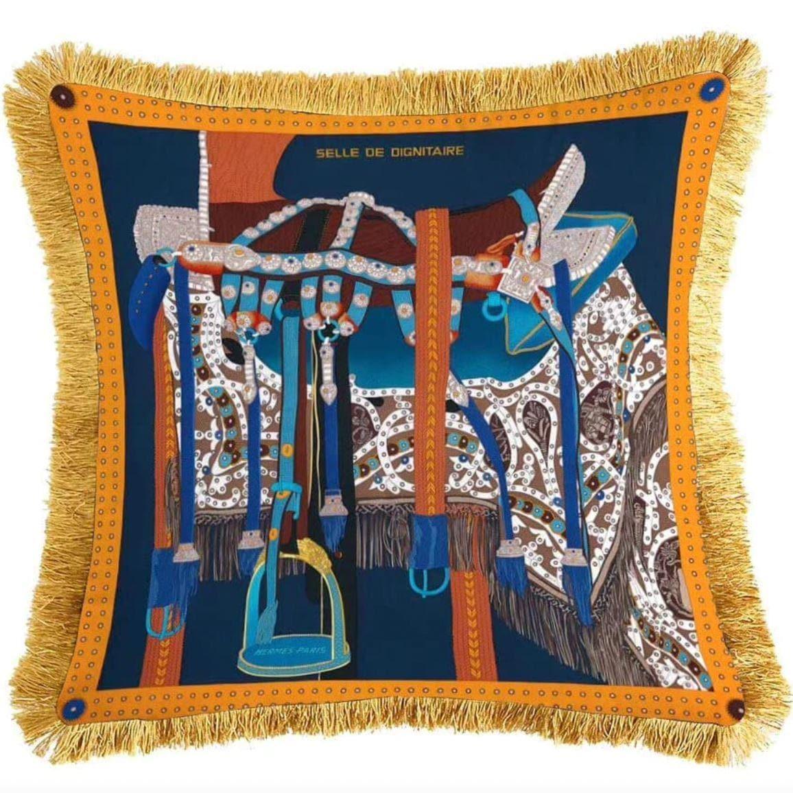 Horse Saddle Velvet Throw Pillow with Fringes - Orange