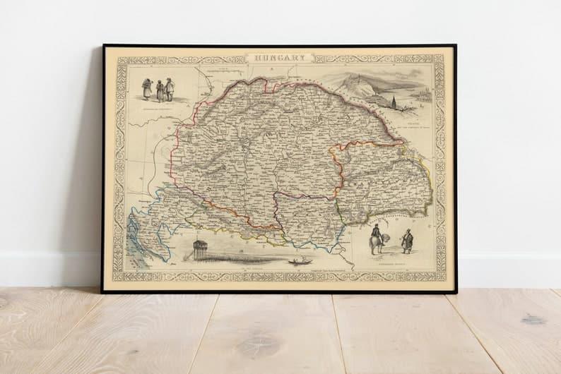 Hungary Map 1851| Hungary Map Wall Art