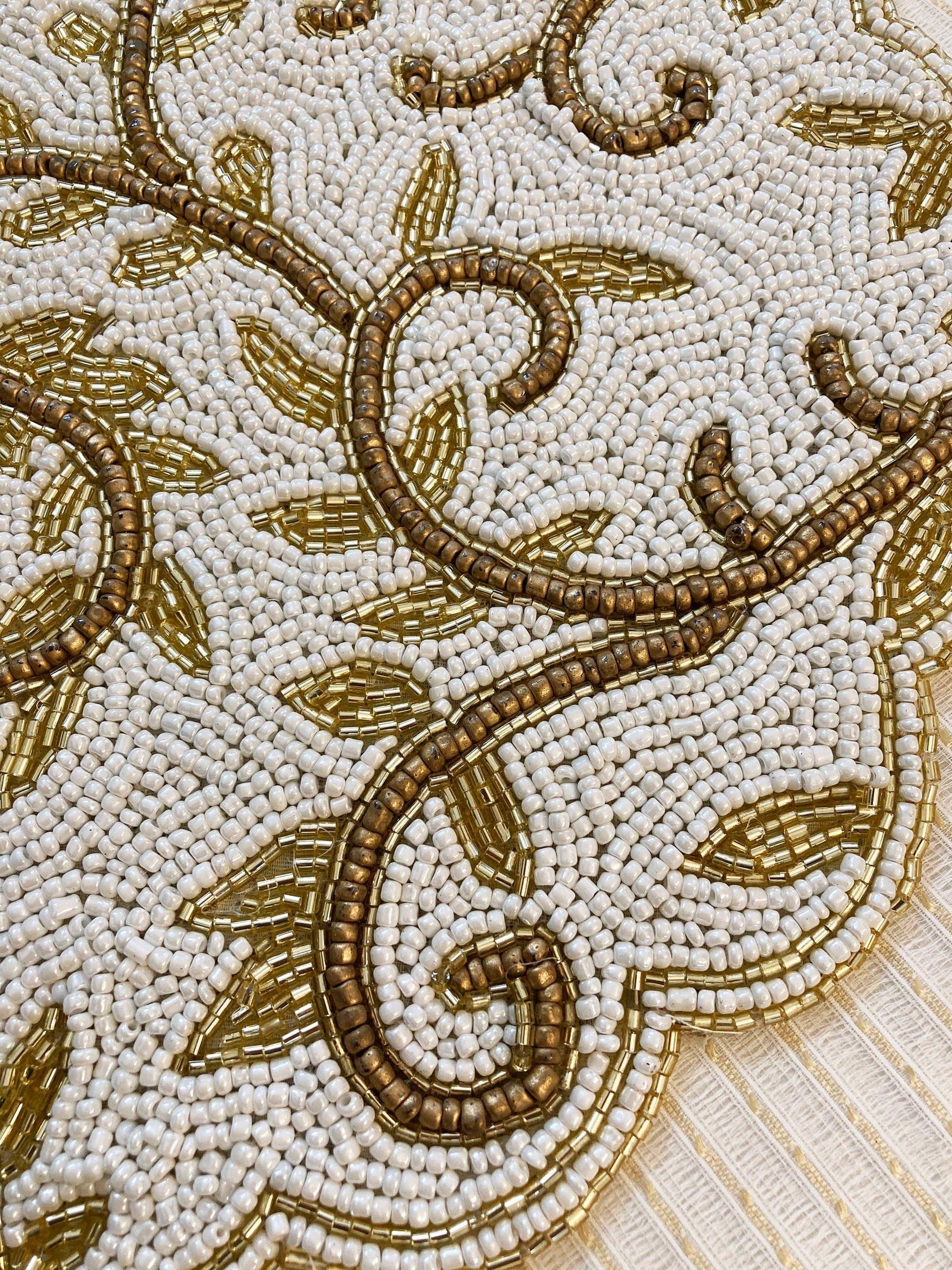 Classic Floral Motif Beaded Table Runner - White/Gold