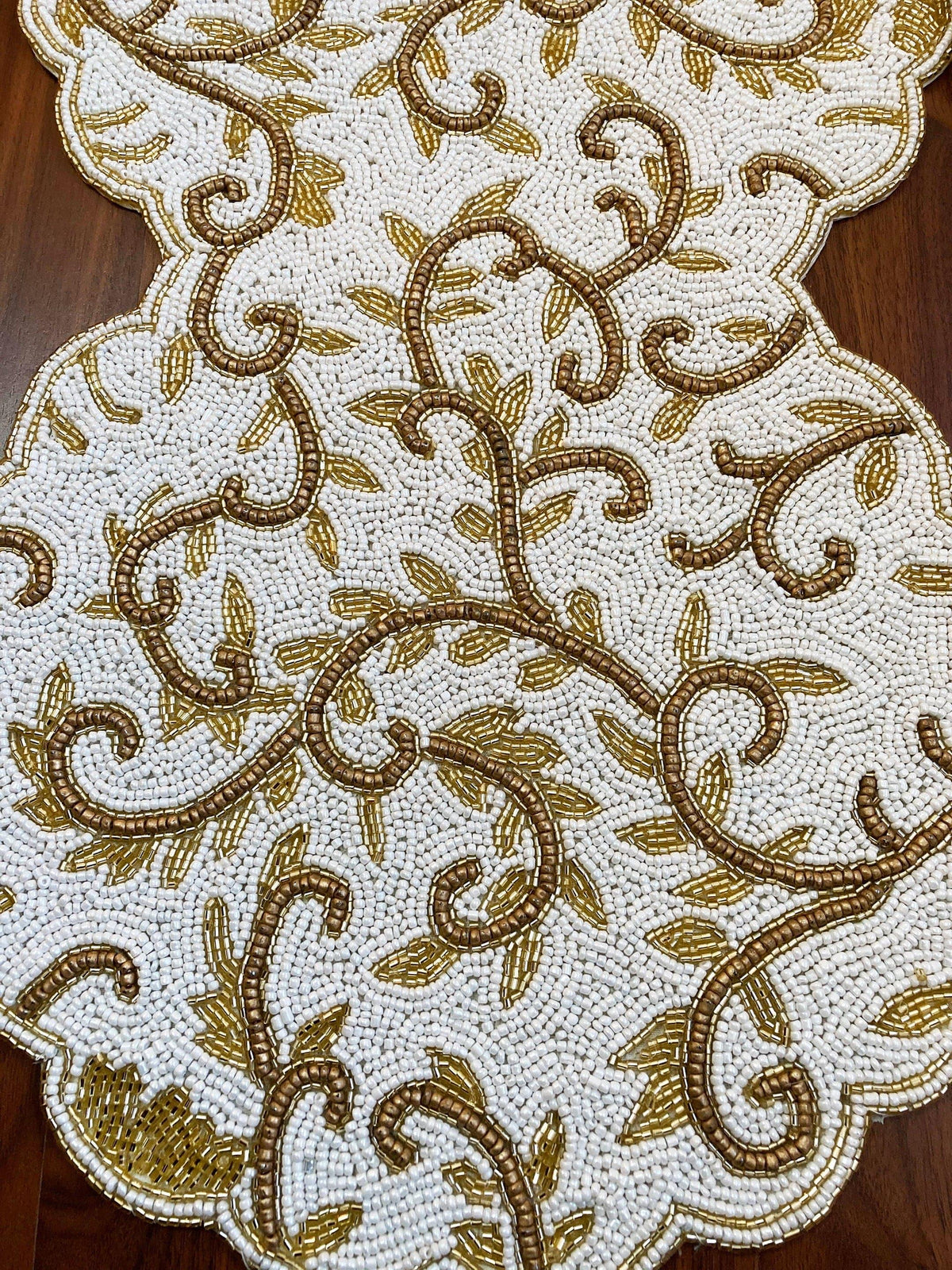 Classic Floral Motif Beaded Table Runner - White/Gold