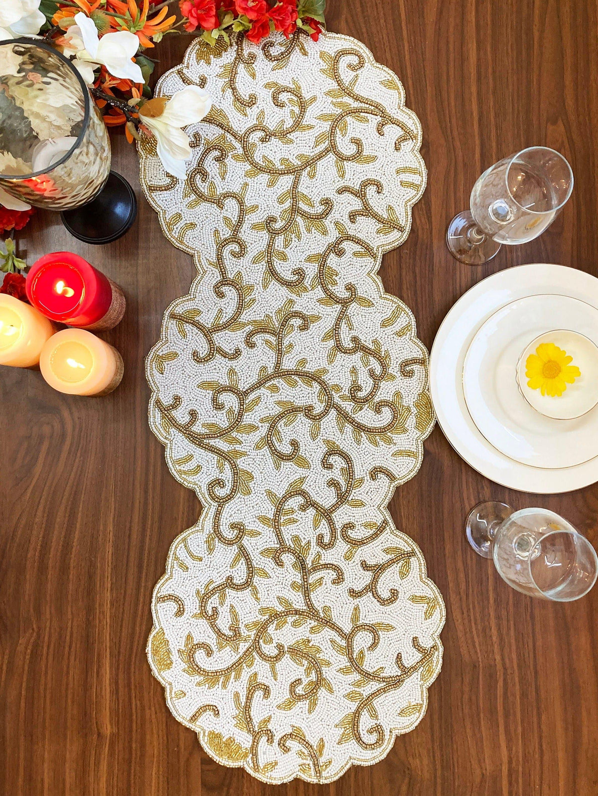 Classic Floral Motif Beaded Table Runner - White/Gold