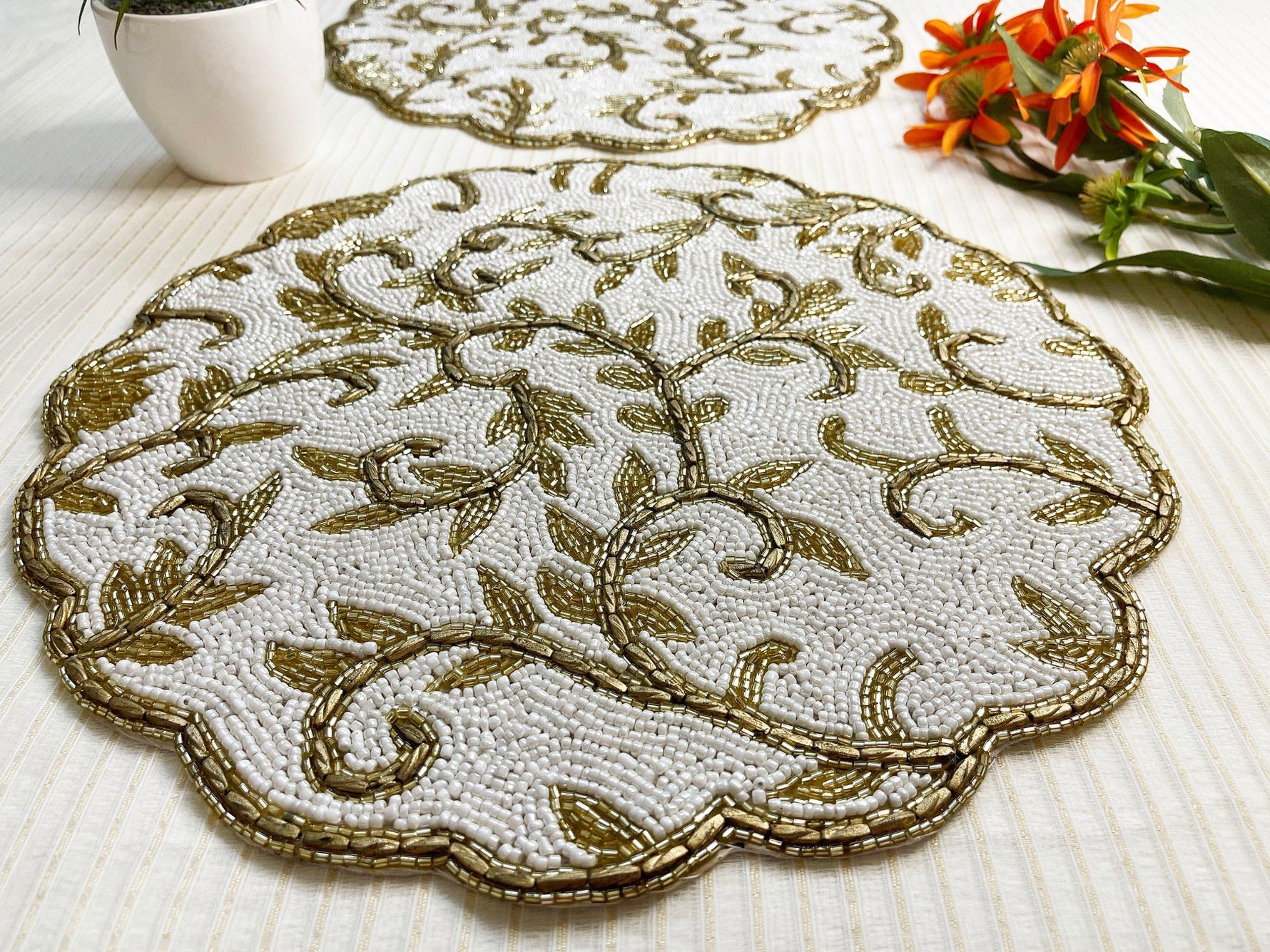 Classic Floral Motif Beaded Table Runner - White/Gold