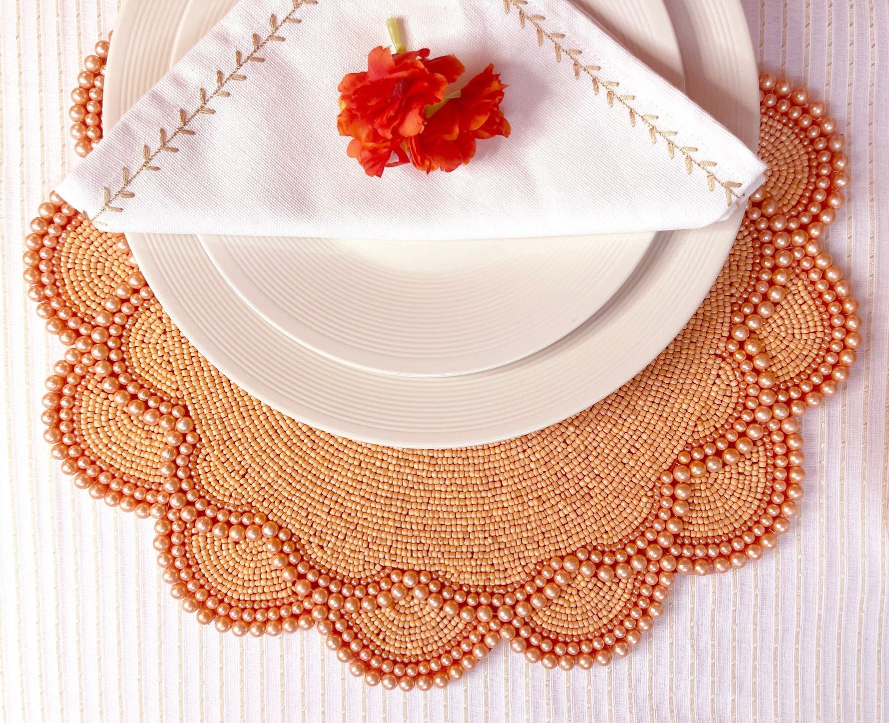 Set of 2 Large Pearl Flower Round Beaded Placemat - Orange Default Title