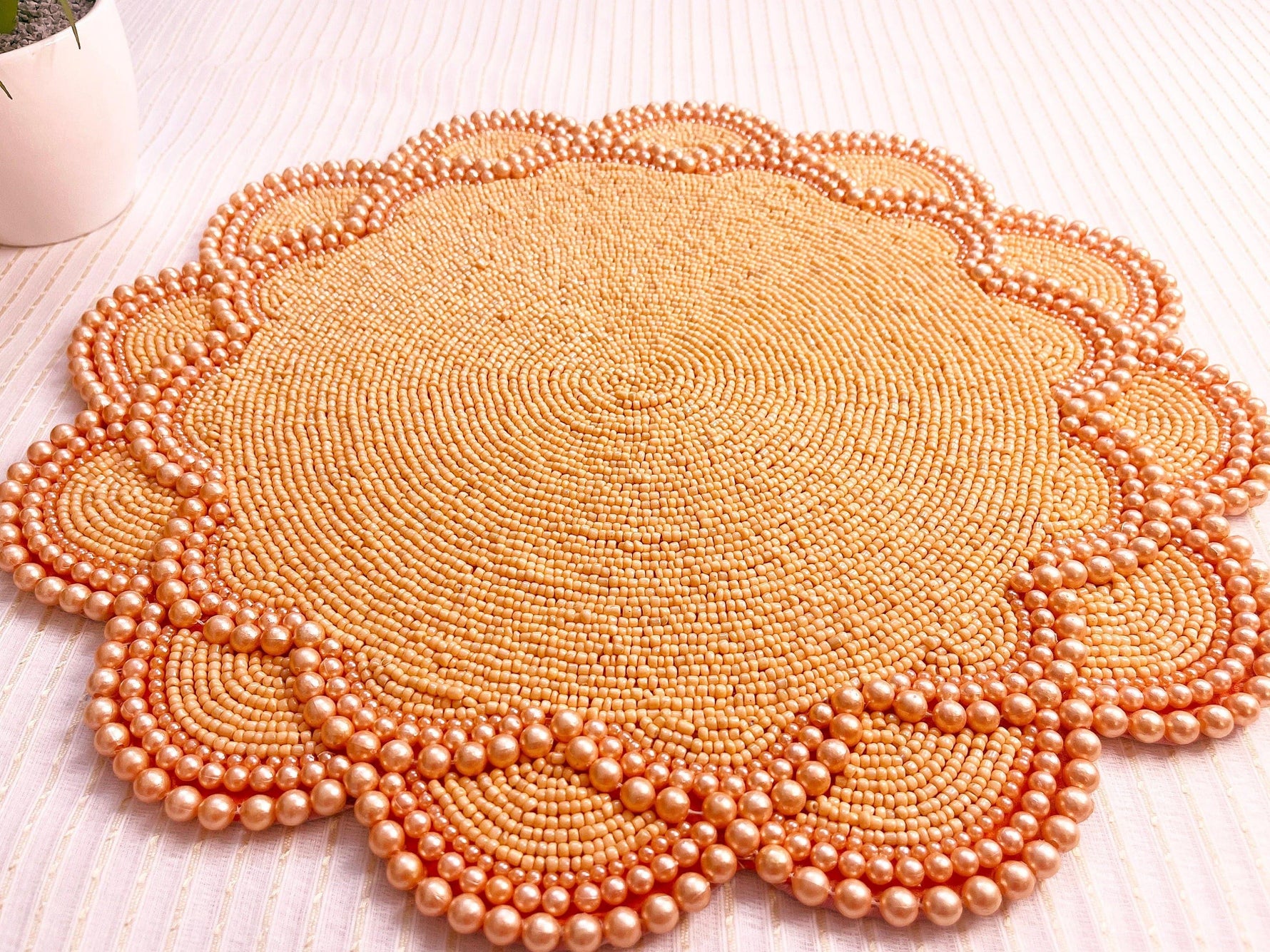 Set of 2 Large Pearl Flower Round Beaded Placemat - Orange