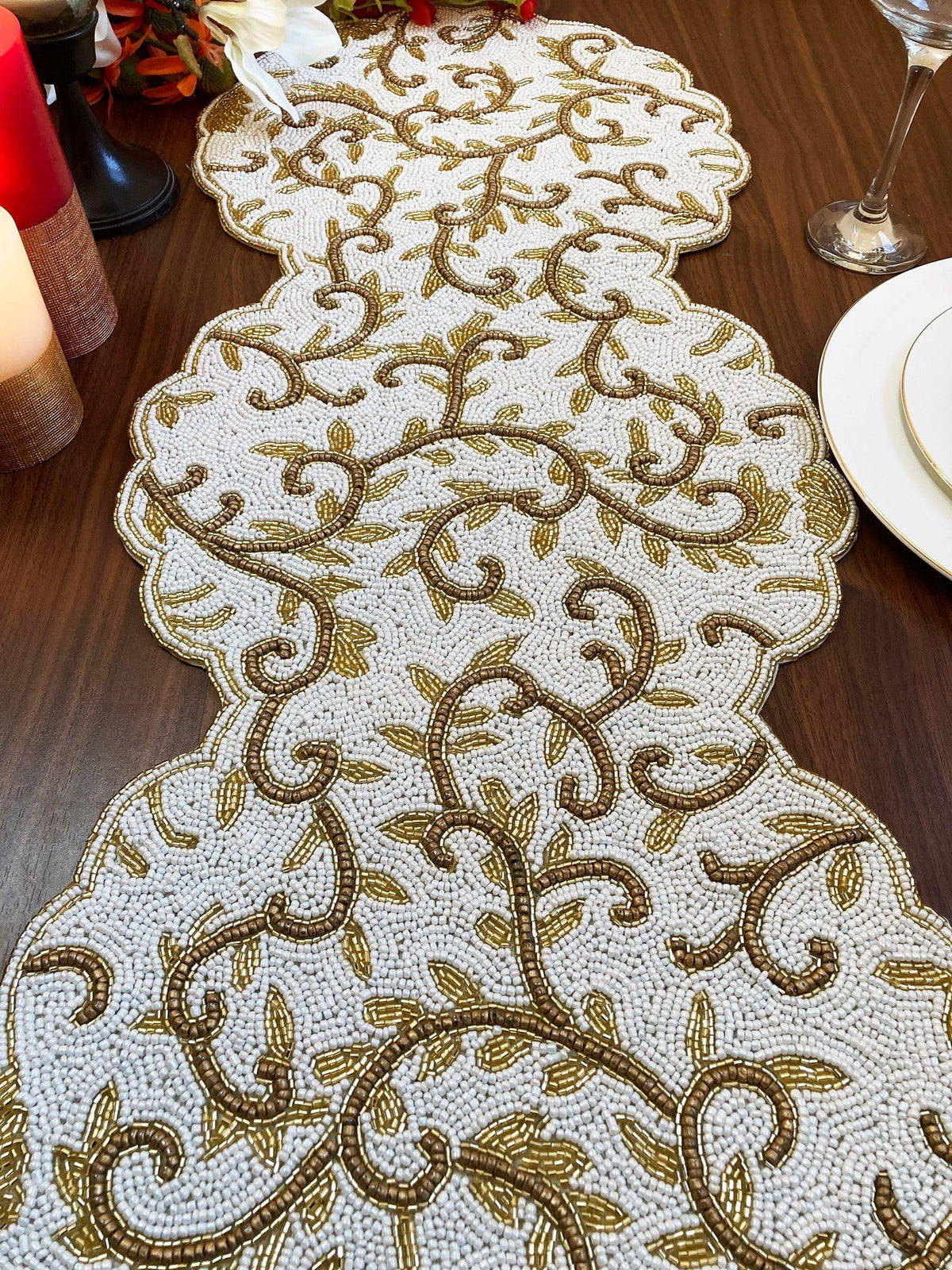 Classic Floral Motif Beaded Table Runner - White/Gold