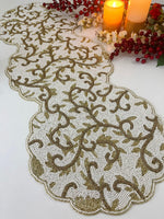 Classic Floral Motif Beaded Table Runner - White/Gold