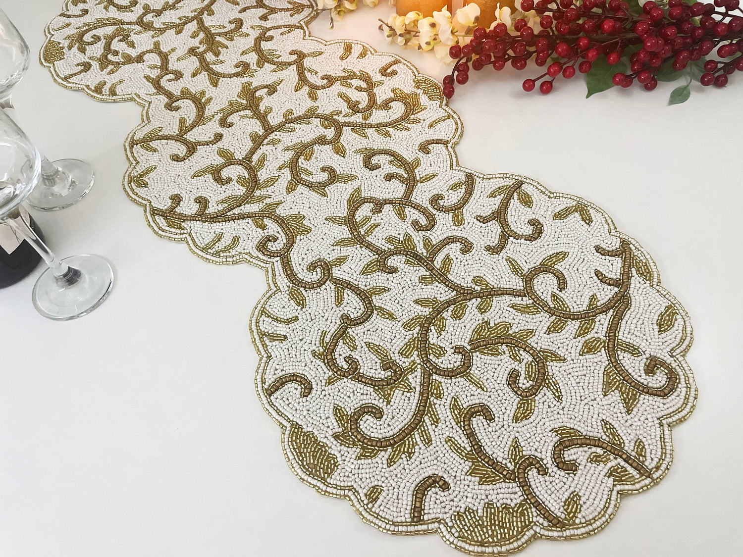 Classic Floral Motif Beaded Table Runner - White/Gold