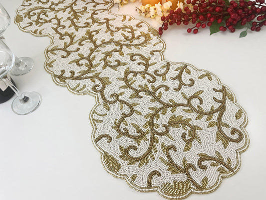 Classic Floral Motif Beaded Table Runner - WhiteGold - MAIA HOMES