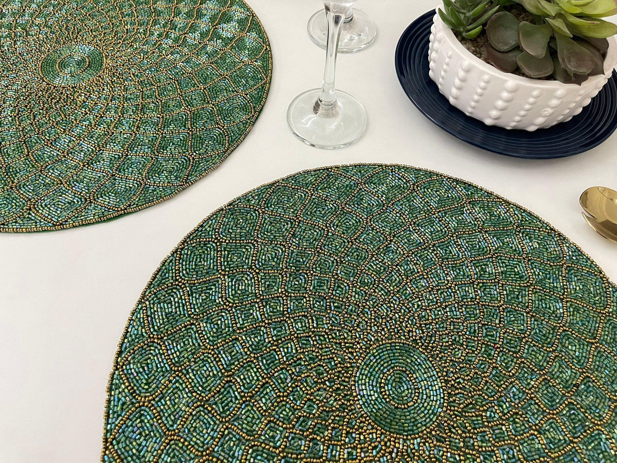 Moroccan Diamond Round Beaded Placemat - Green