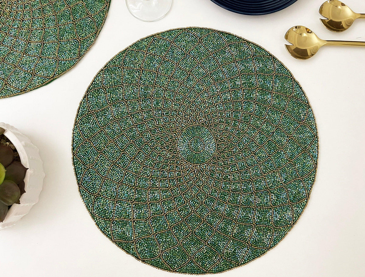 Moroccan Diamond Round Beaded Placemat - Green Set of 6