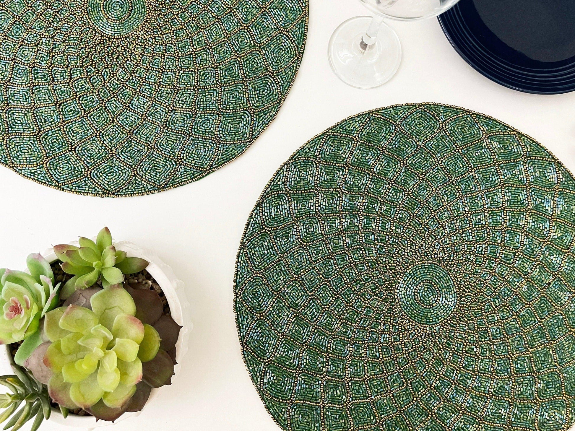 Moroccan Diamond Round Beaded Placemat - Green - MAIA HOMES