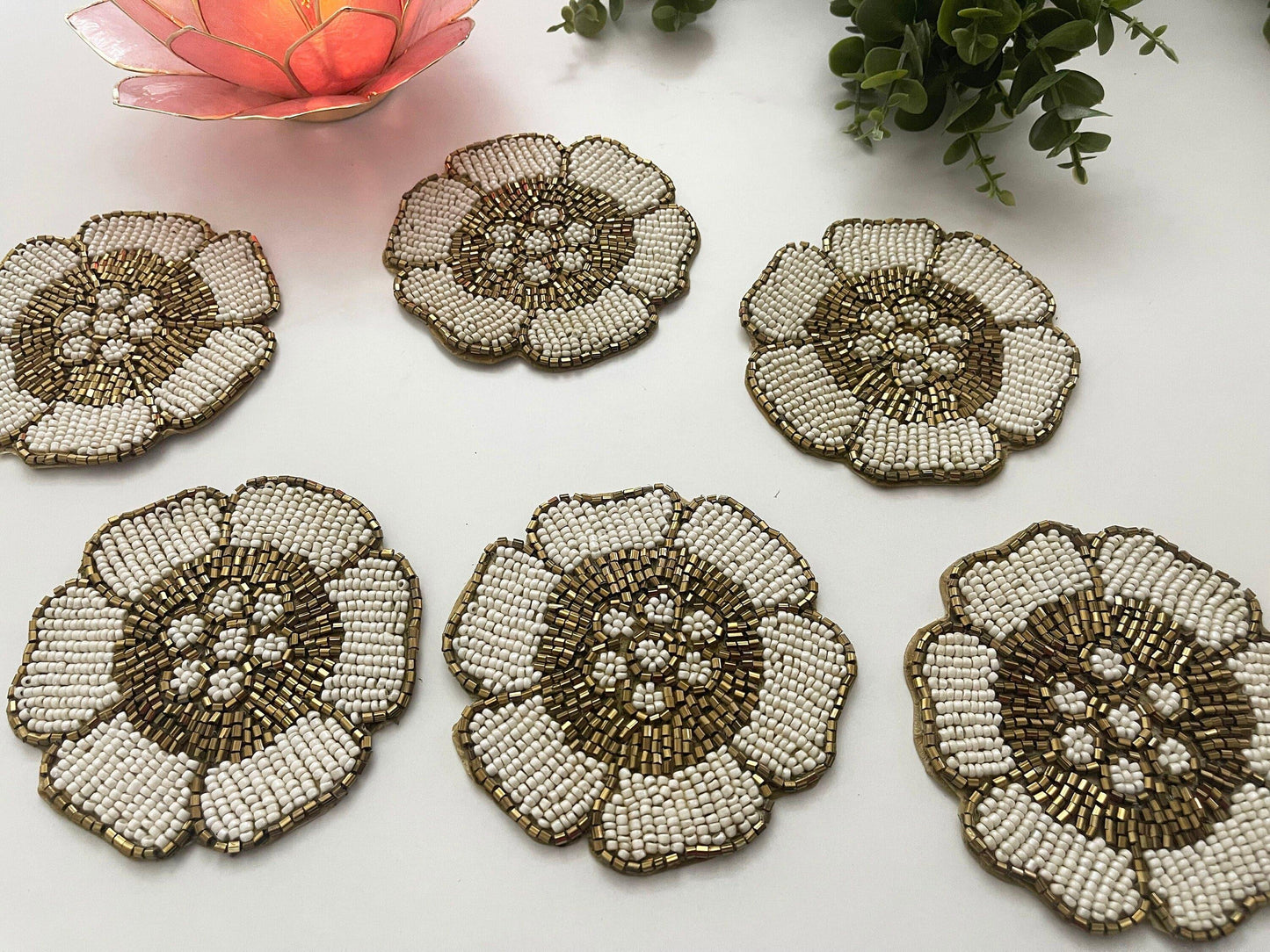 White Gold Flower Beaded Coasters - MAIA HOMES