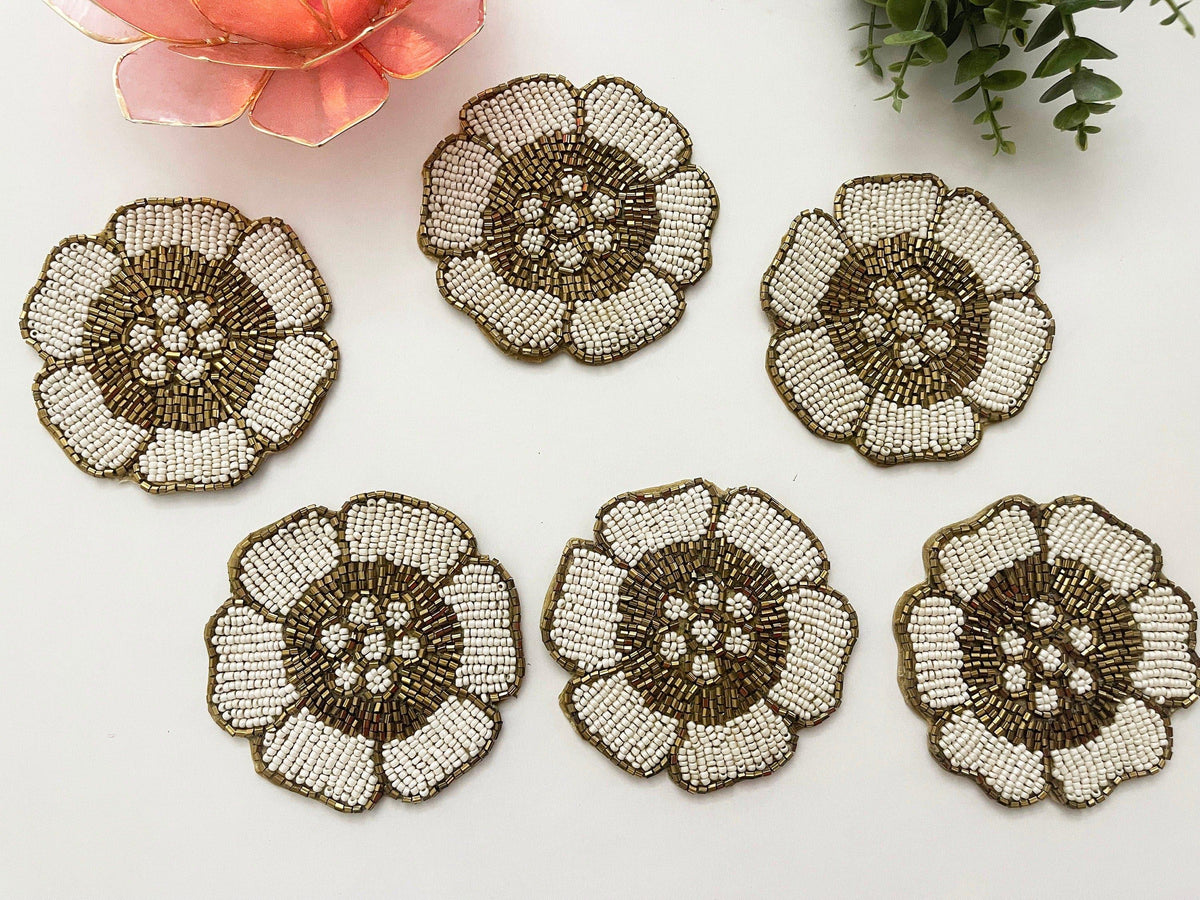 White Gold Flower Beaded Coasters