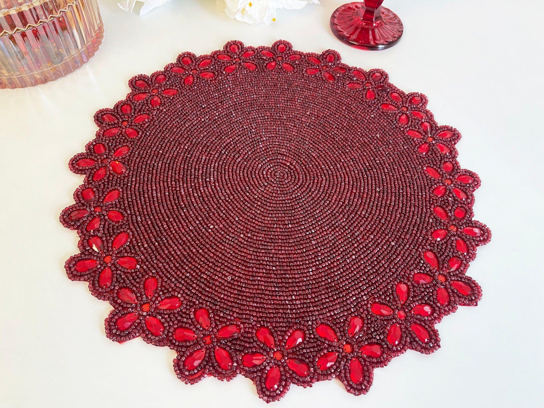 Burgundy Red Bead and Floral Crystal Round Placemat