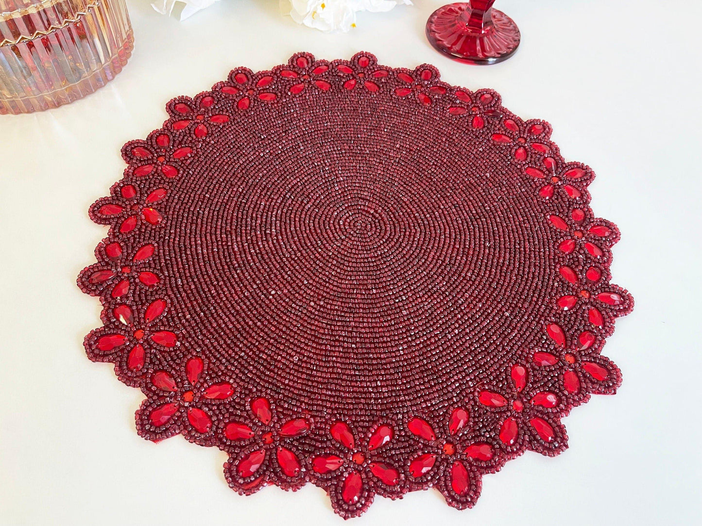 Burgundy Red Bead and Floral Crystal Round Placemat - MAIA HOMES