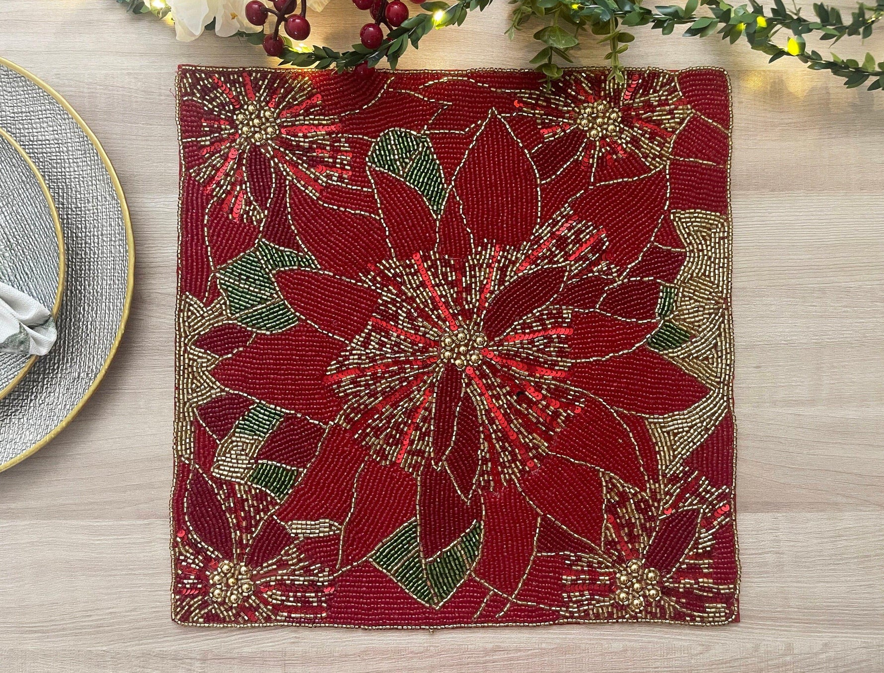 Christmas Poinsettia Square Beaded Placemat Set of 6