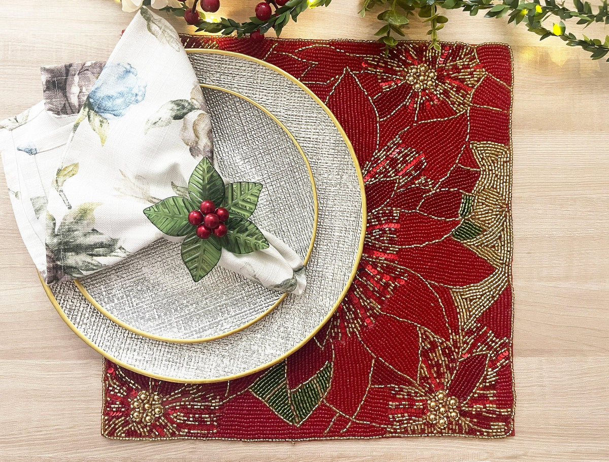 Christmas Poinsettia Square Beaded Placemat