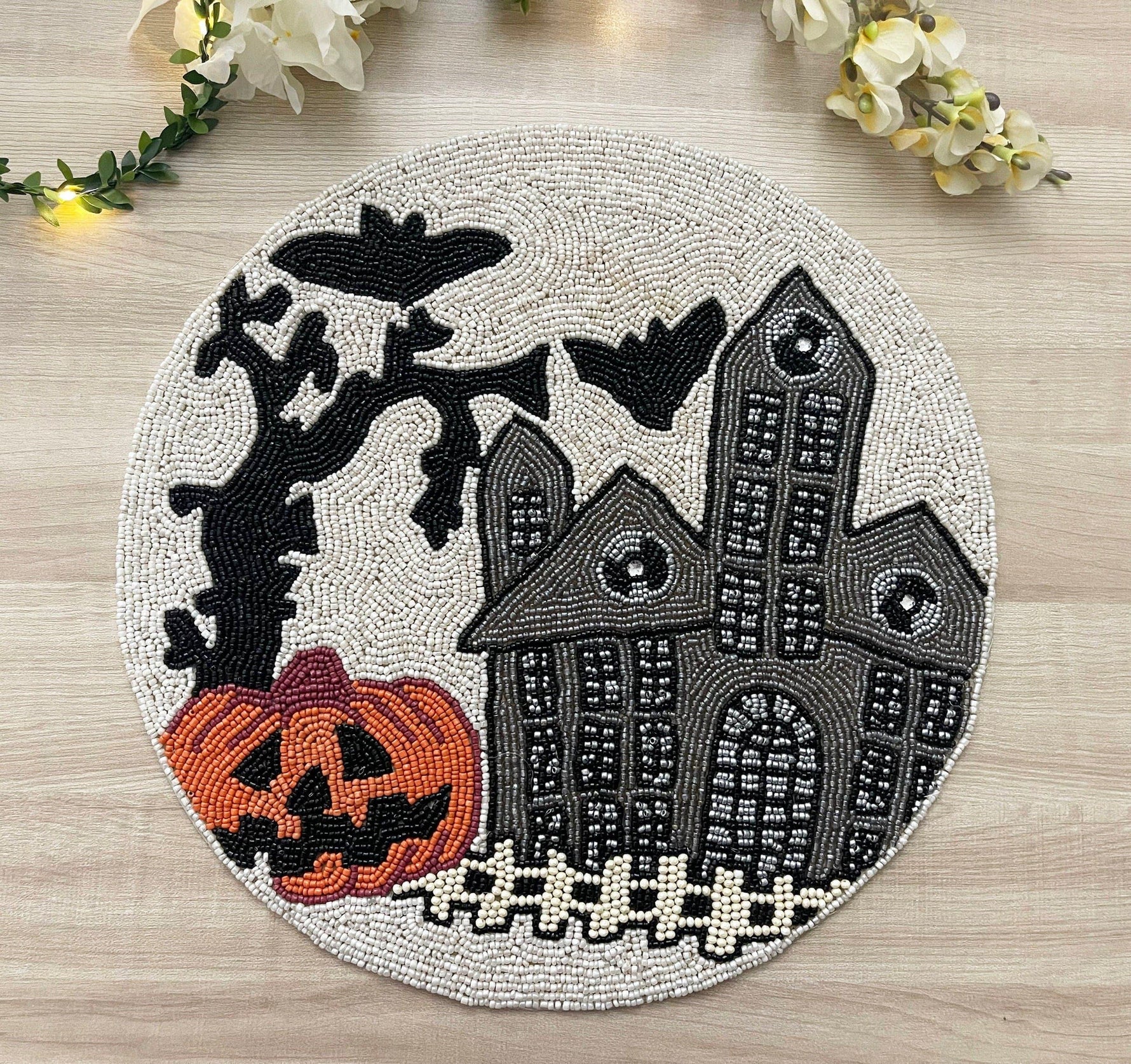 Halloween Haunted House Round Beaded Placemat