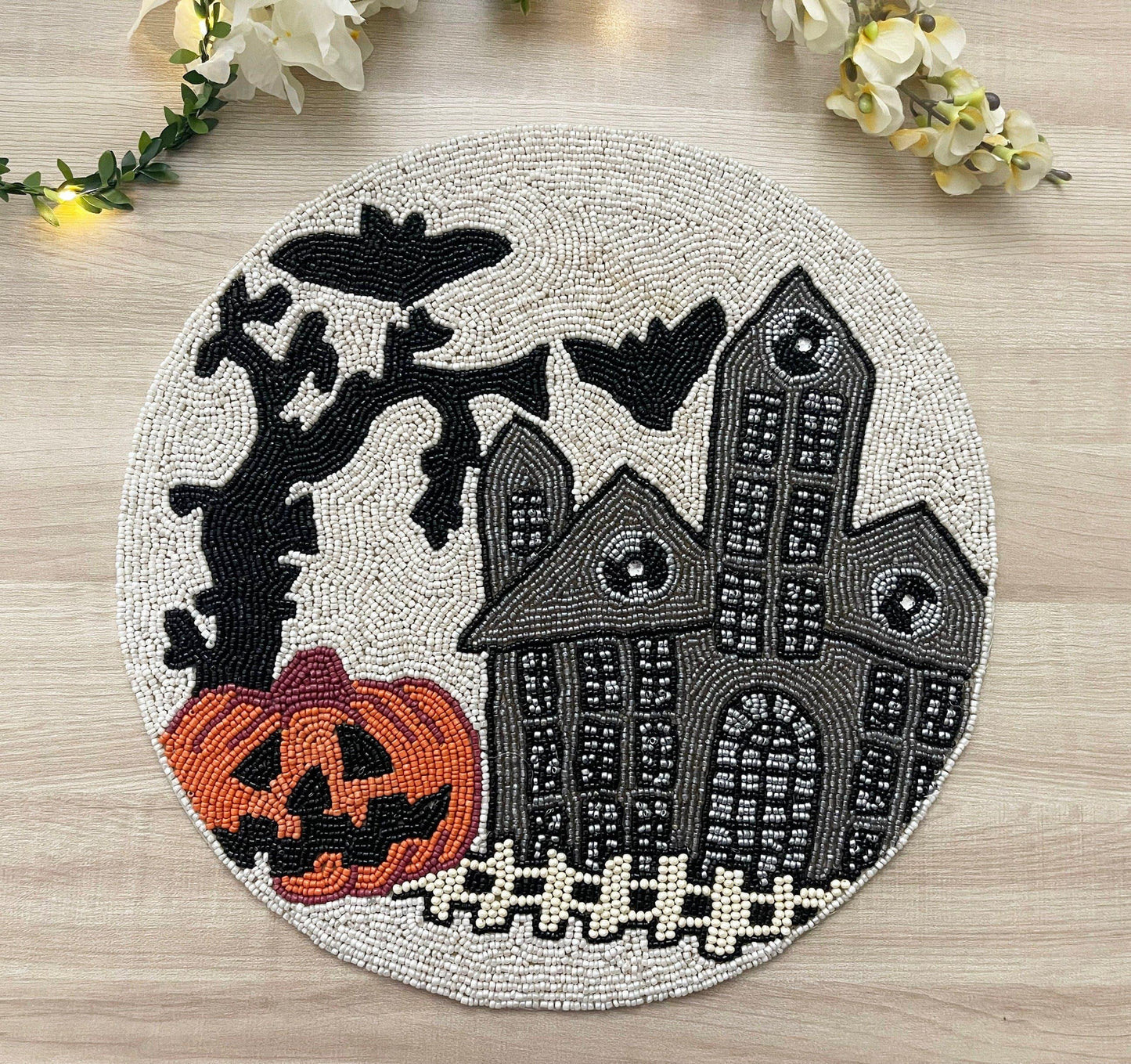 Halloween Haunted House Round Beaded Placemat - MAIA HOMES