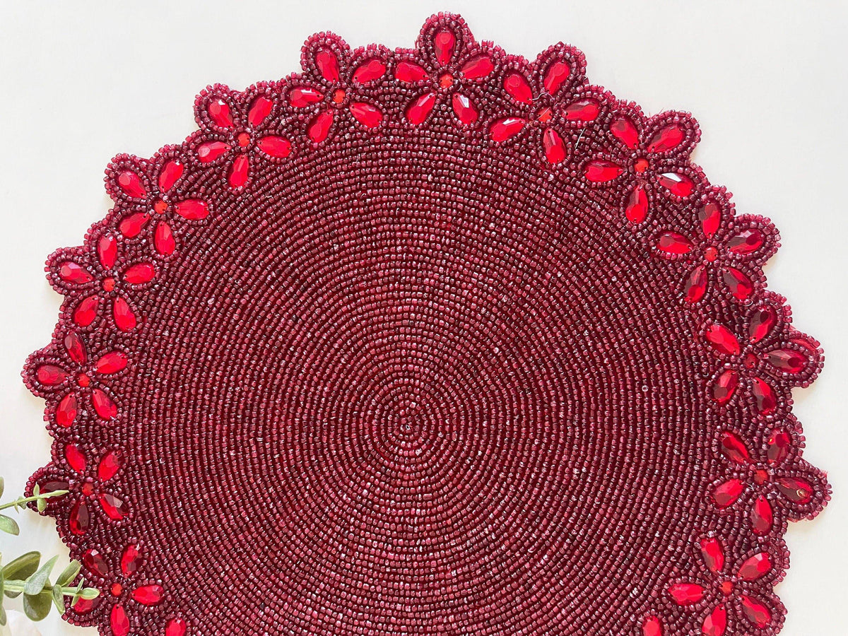 Burgundy Red Bead and Floral Crystal Round Placemat