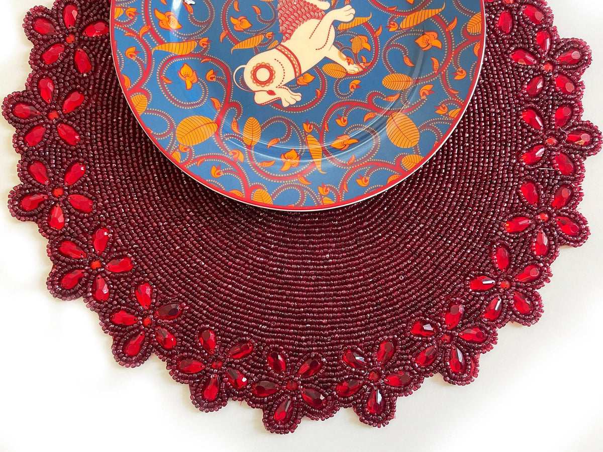 Burgundy Red Bead and Floral Crystal Round Placemat