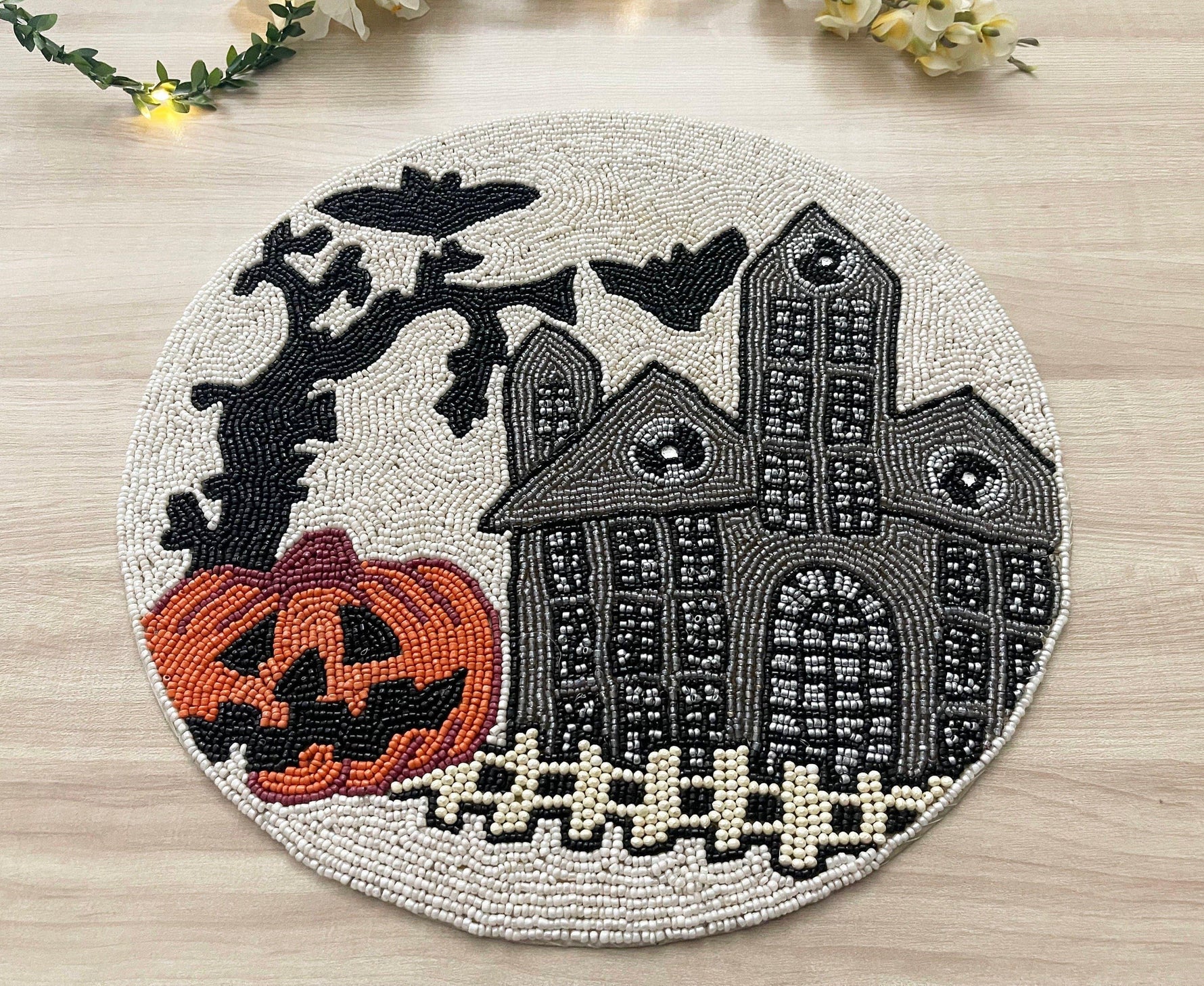 Halloween Haunted House Round Beaded Placemat 6 pcs