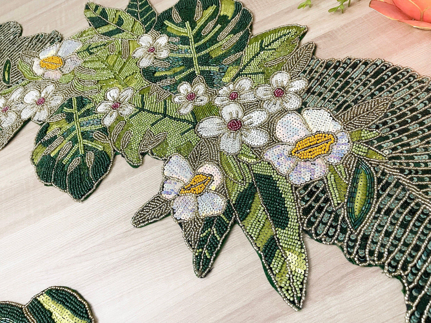 Tropical Leaf and Flower Beaded Table Runner