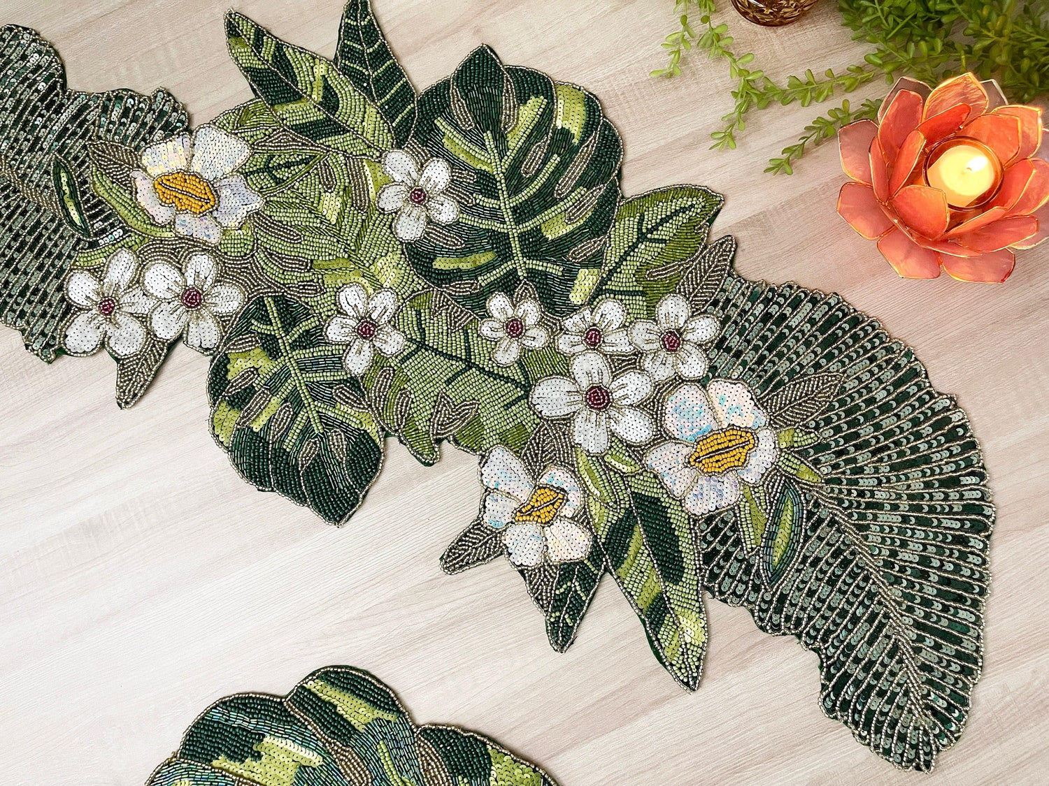 Tropical Leaf and Flower Beaded Table Runner