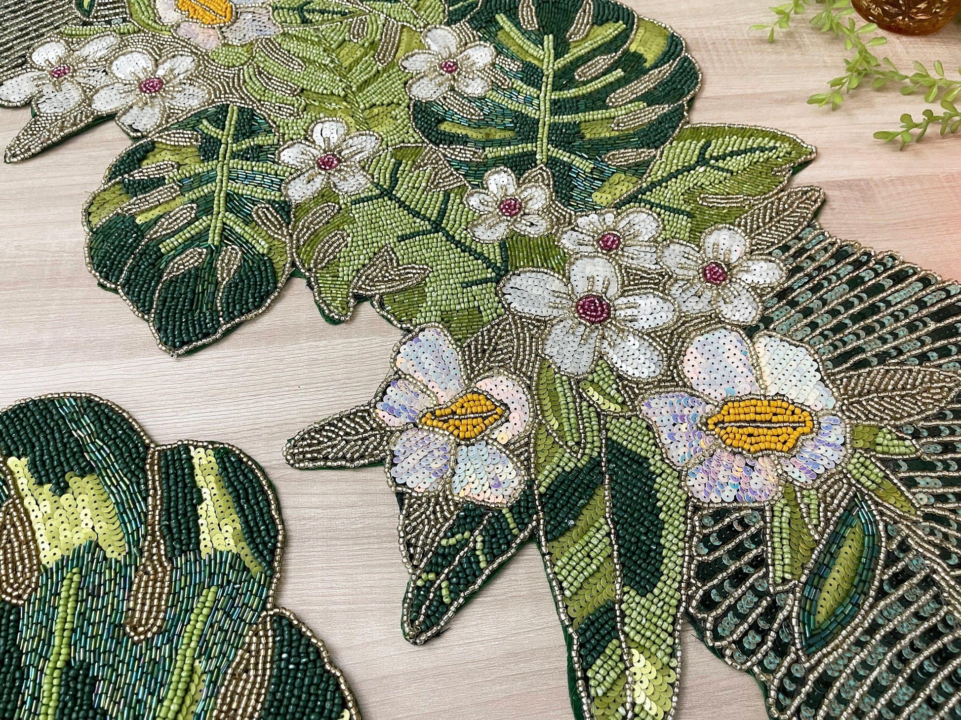 Tropical Leaf and Flower Beaded Table Runner - MAIA HOMES