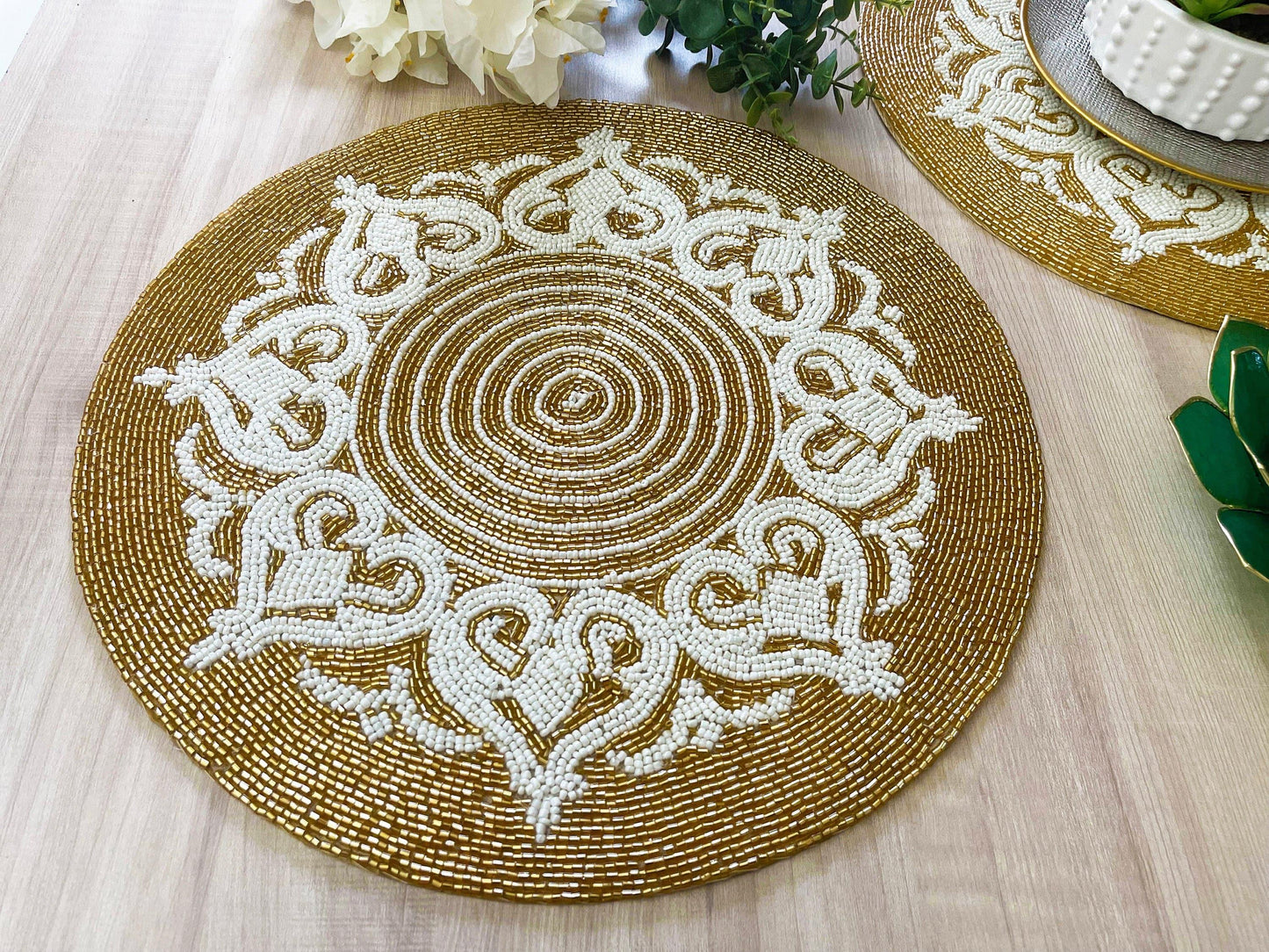 Royal Gold and White Beaded Placemat - MAIA HOMES