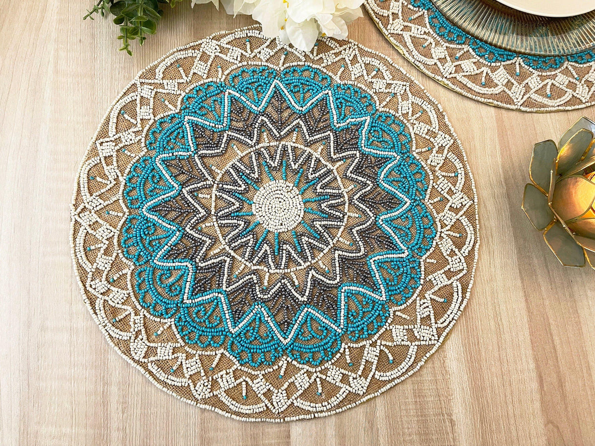 Blue Bohemian Round Beaded Placemats - Set of 6