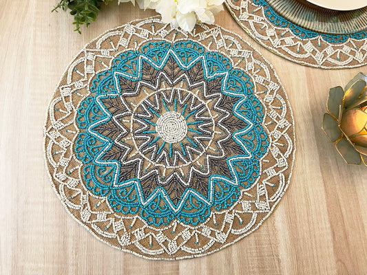 Blue Bohemian Round Beaded Placemats - Set of 6 - MAIA HOMES