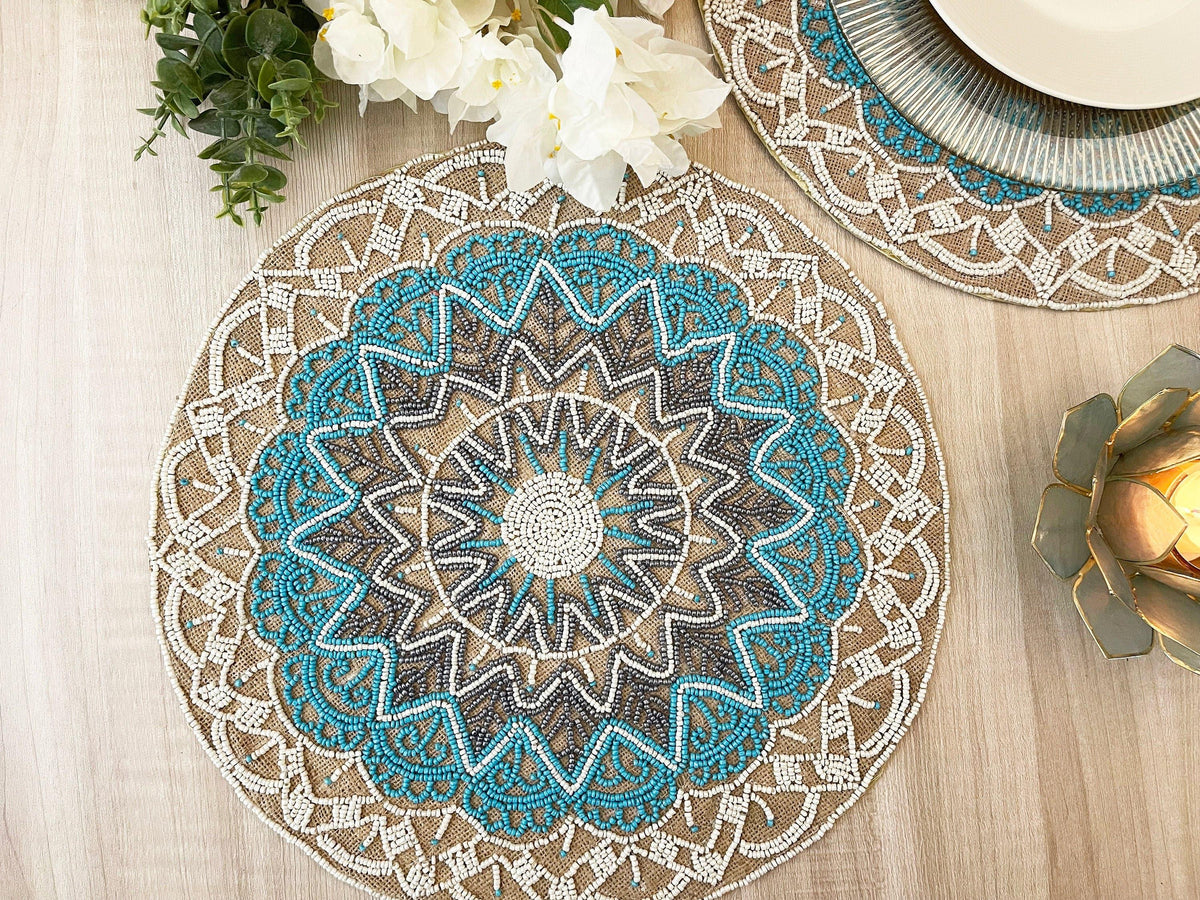 Blue Bohemian Round Beaded Placemats - Set of 6 Default Title