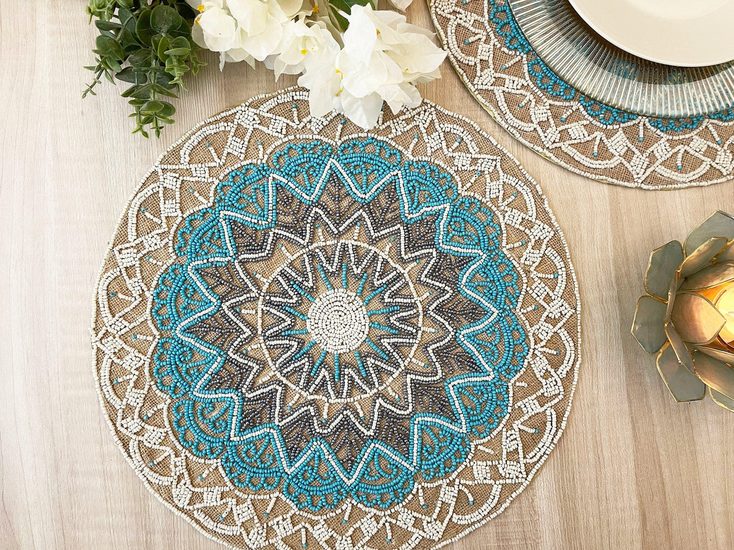 Blue Bohemian Round Beaded Placemats - Set of 6 - MAIA HOMES