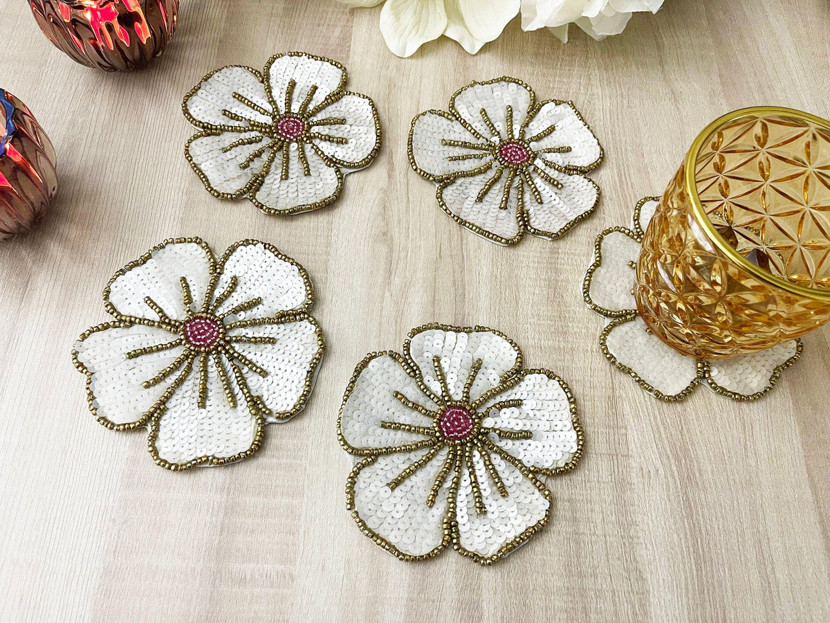 White Gold Floral Beaded Sequin Coasters