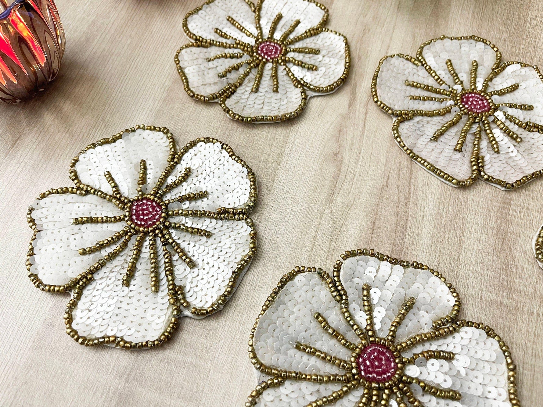 White Gold Floral Beaded Sequin Coasters