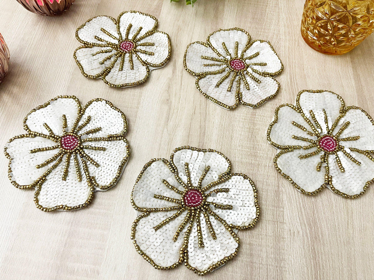 White Gold Floral Beaded Sequin Coasters