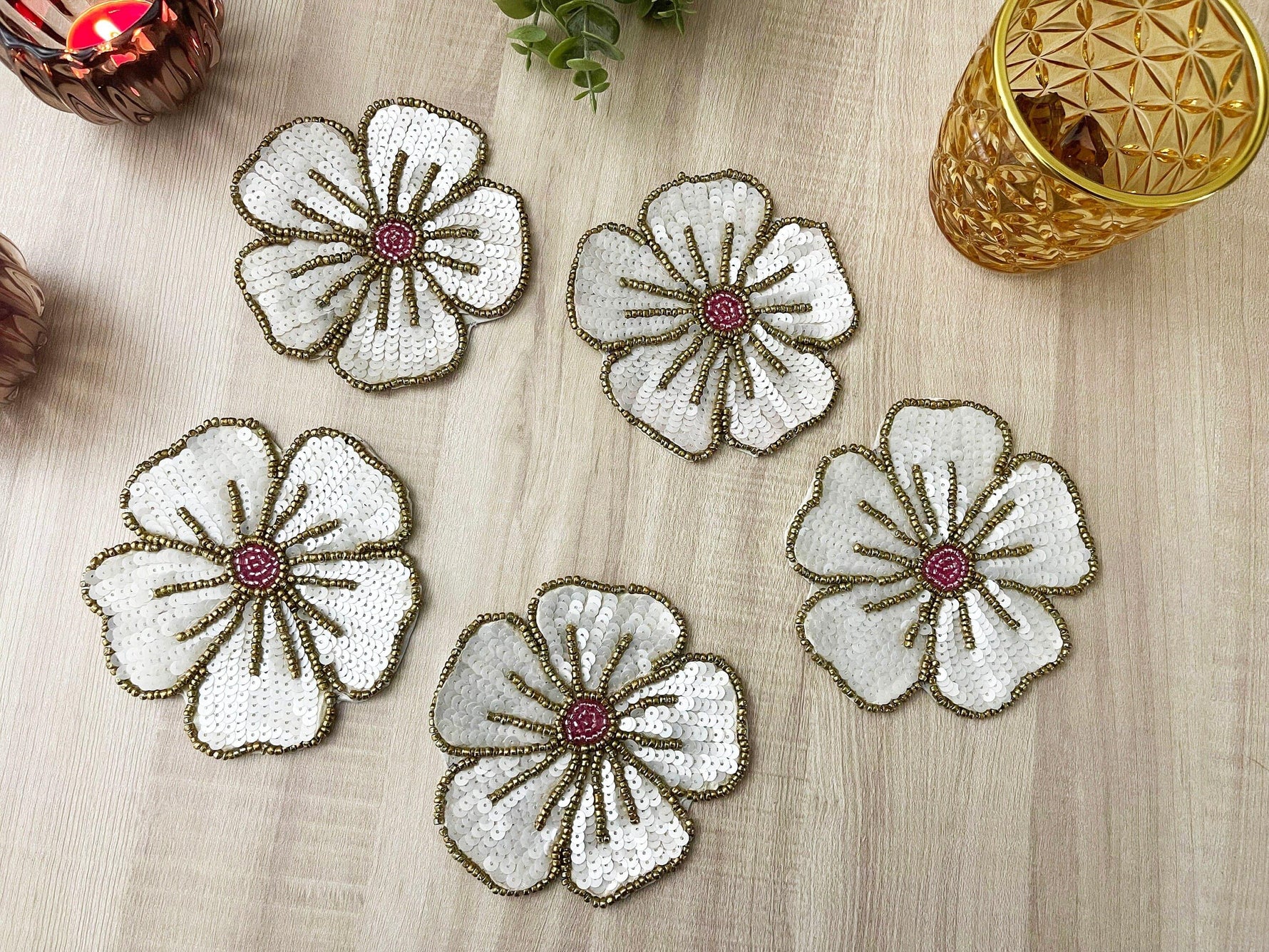 White Gold Floral Beaded Sequin Coasters