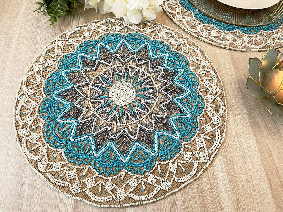 Blue Bohemian Round Beaded Placemats - Set of 6