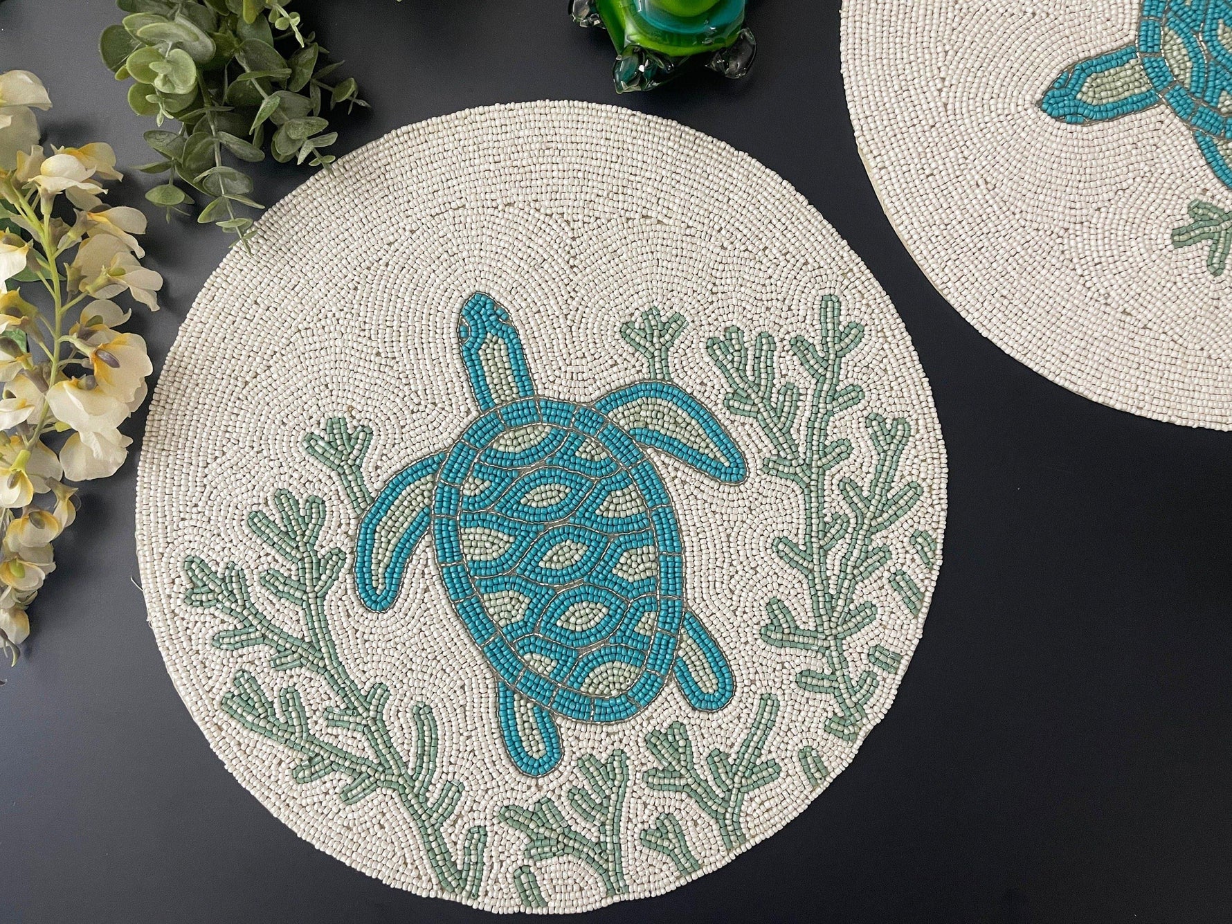 Turtle and Coral Round Beaded Placemat Set of 6