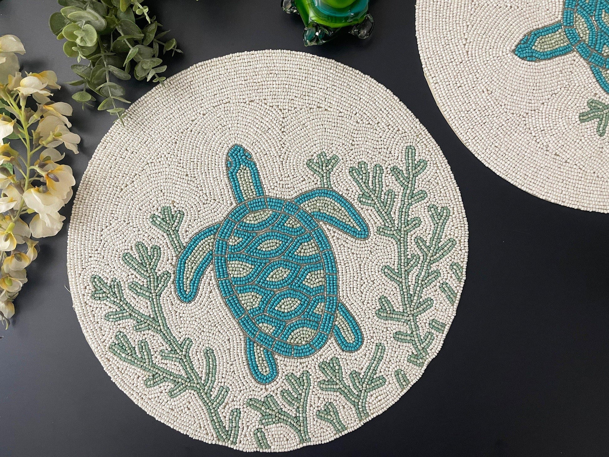Turtle and Coral Round Beaded Placemat - MAIA HOMES