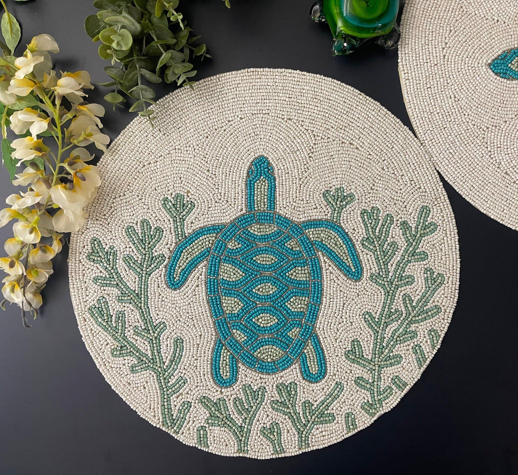 Turtle and Coral Round Beaded Placemat